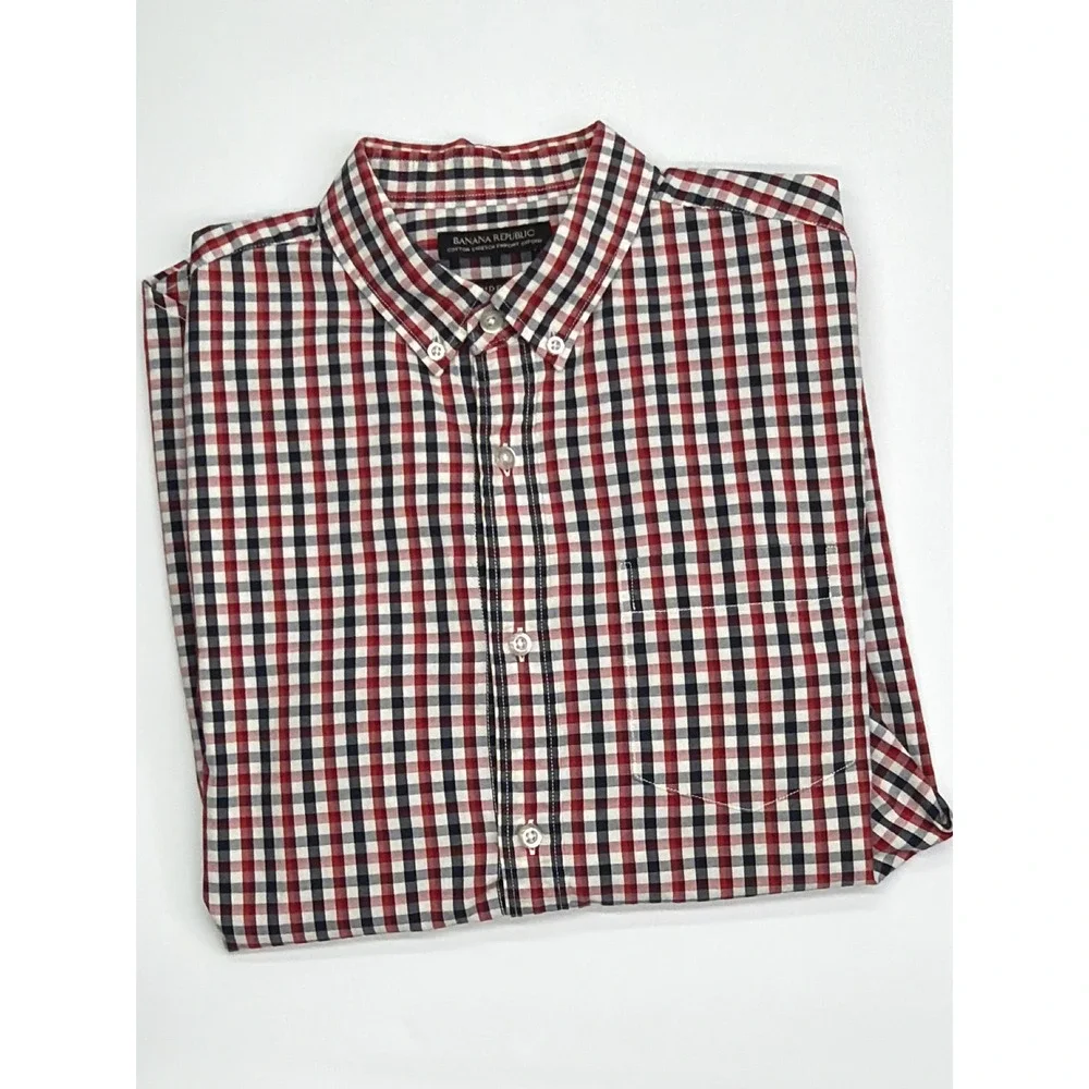 Banana Republic Mens Camden Fit Red Navy Gingham‎ Cotton Stretch Oxford Shirt M